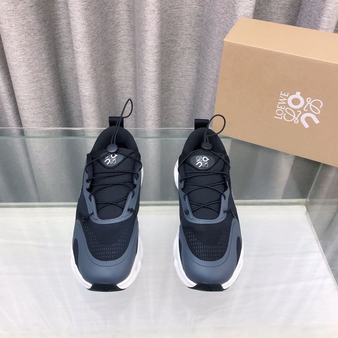 Loewe x on Angpao Couple Running Sneakers Black Gray White Nylon Calfskin 597421
