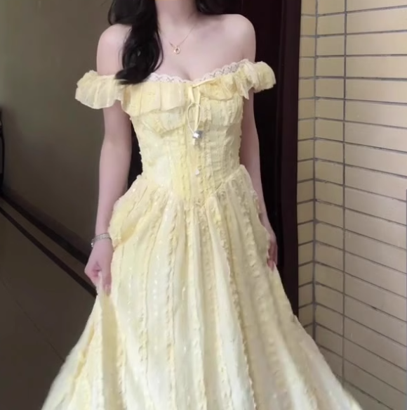 Gentle style yellow one-shoulder dress, beautiful waist temperament long dress R0815