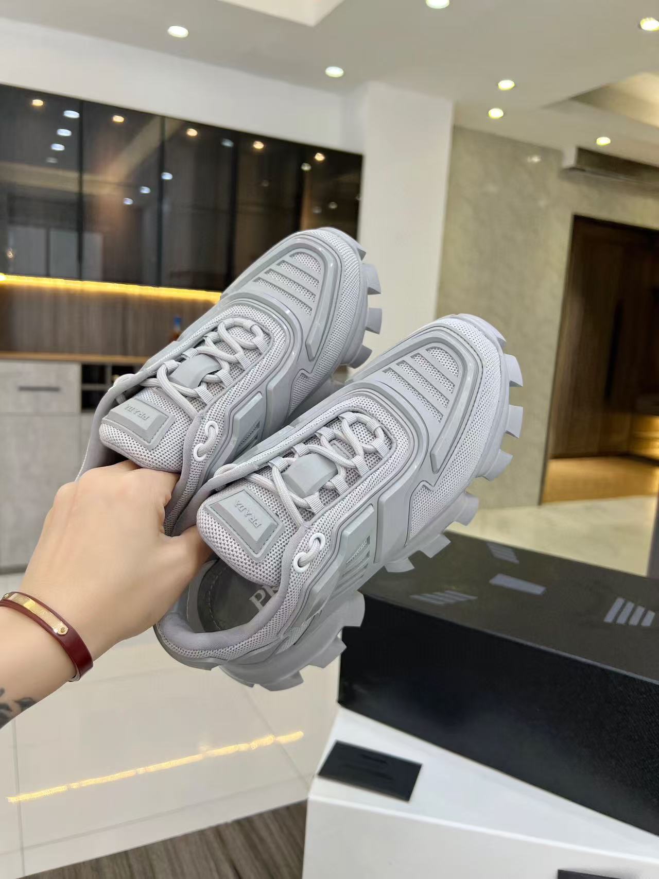 Prada Cloudbust Thunder Sneakers White mix Pearl Gray Knit Fabric