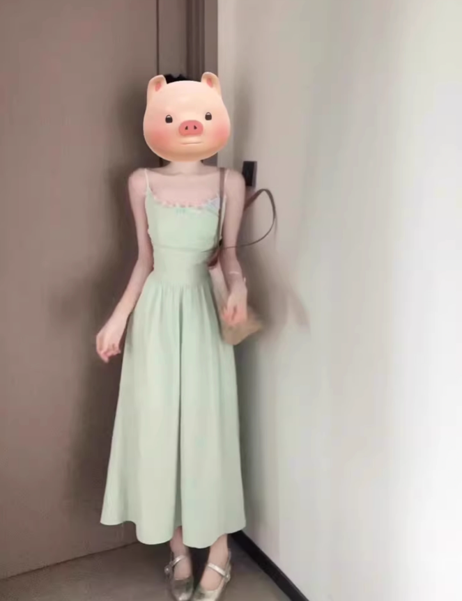 Women's mint green suspender dress holiday style waist backless temperament long dress R0465