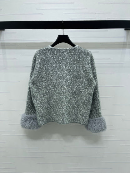 Chanel 2025 Fur-sleeved Crew Neck Cardigan Gray Polyester Wool 319595