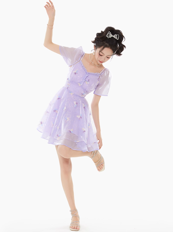 Purple fairy lace chiffon suspender dress women's summer waist mesh skirt R4181