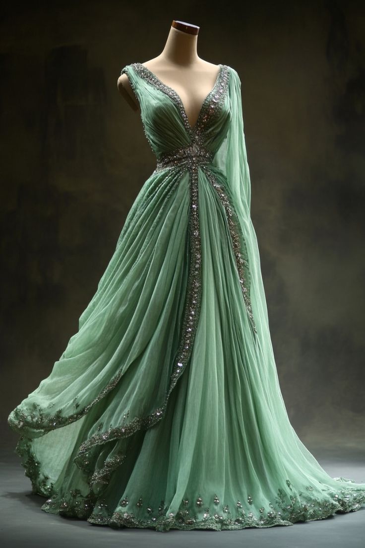 Aesthetic Ball Gowns V Neckline Green Tulle Prom Dress Long Prom Dress