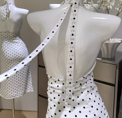 French dress halter neck polka dot white female island vacation travel seaside sexy skirt R0285