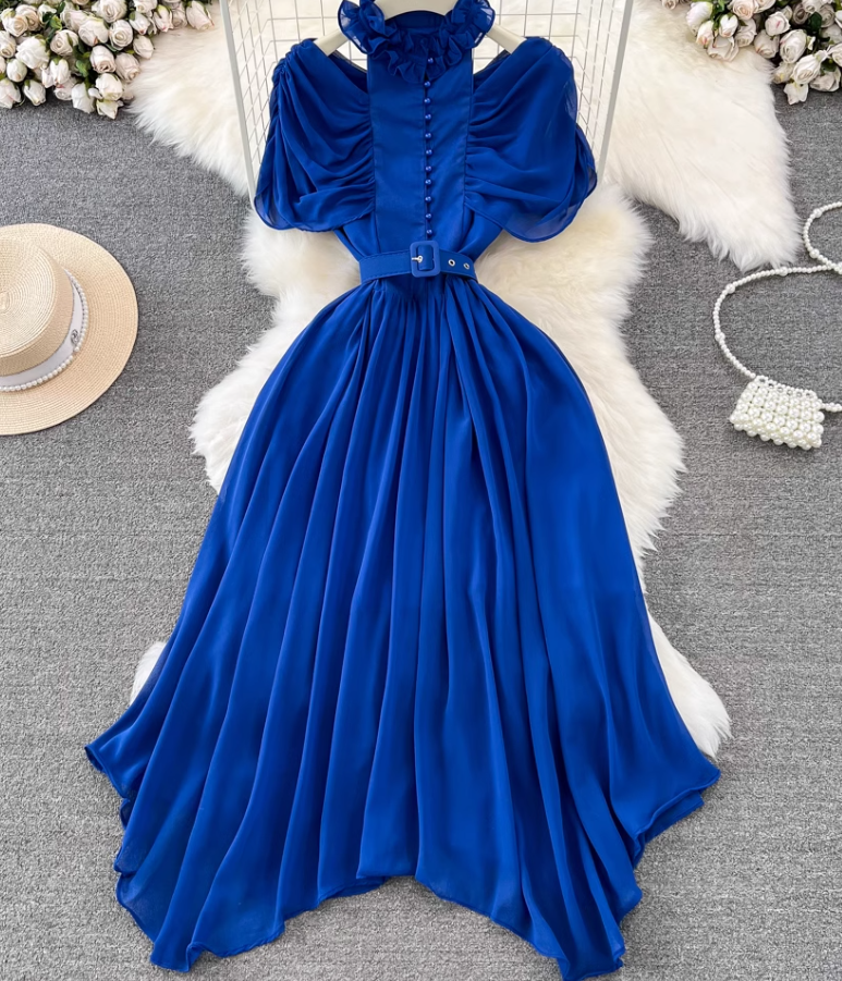 Light luxury temperament stand-up collar off-shoulder pleated waist A-line chiffon dress elegant long skirt R0374