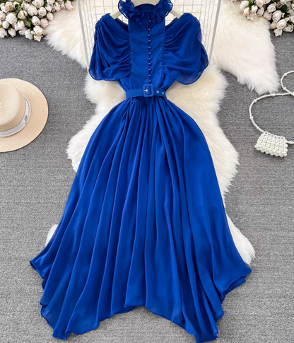 Light luxury temperament stand-up collar off-shoulder pleated waist A-line chiffon dress elegant long skirt R0374