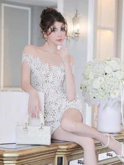 Cute White Appliqued Off-the-shoulder Design A-line Party Dress Homecoming Dress, D1379