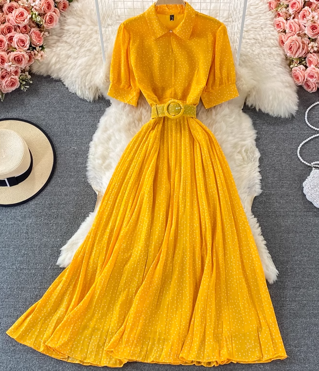 2025 Puff Sleeve Lapel Pleated Polka Dot Dress Waist Slimming Long Swing Dress Short Sleeve R0382