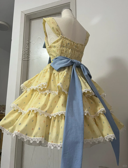 Cute Yellow Floral Lace Hem Design Tiered Party Dress Homecoming Dress D1708