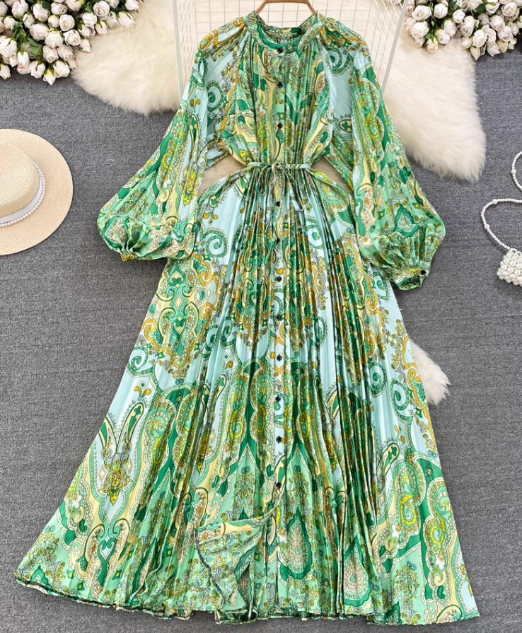 Light luxury temperament lantern long sleeve round neck waist single breasted print elegant dress R0403