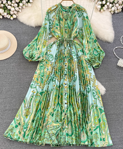 Light luxury temperament lantern long sleeve round neck waist single breasted print elegant dress R0403