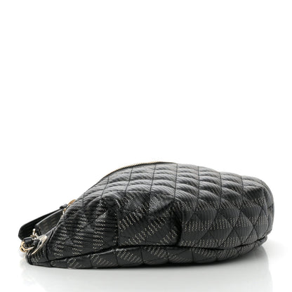 Metallic Caviar Striped Banane Waist Bag Fanny Pack Black Gold