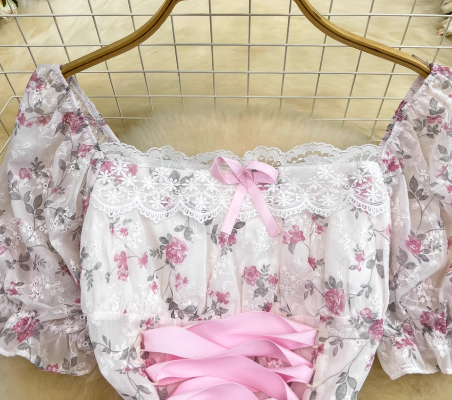 French sweet tea break dress gentle style bubble short sleeve square collar slim a-line chiffon dress R0315