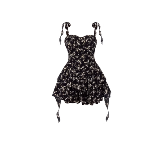 French black floral tea dress 2025 new waist slimming dress R0049
