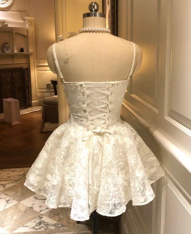 White lace suspenders slim waist A-line skirt short skirt homecoming dress R4161