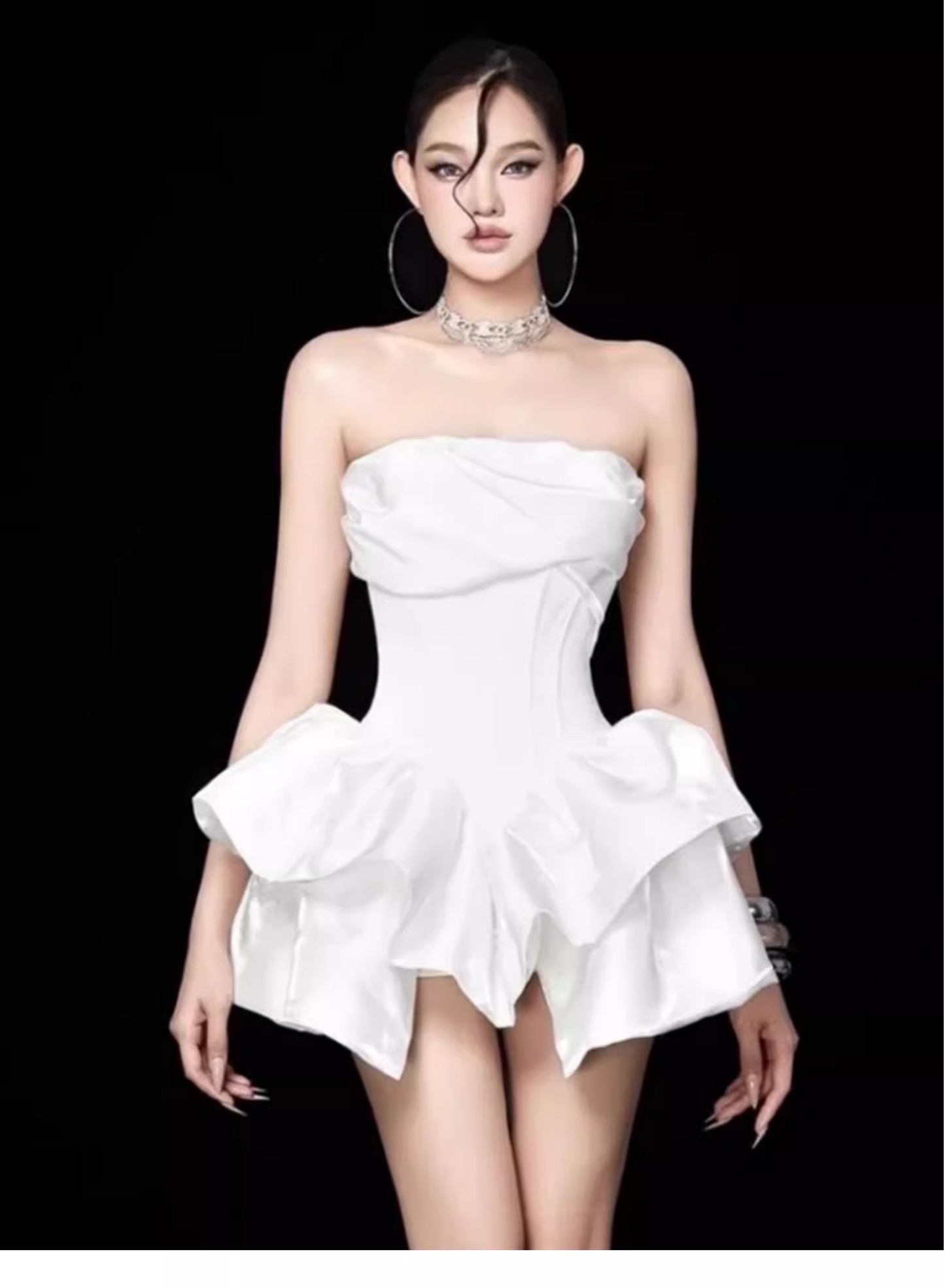 Cute White Strapless Ruffled Hem Design A-line Satin Party Dress Homecoming Dress, D1393