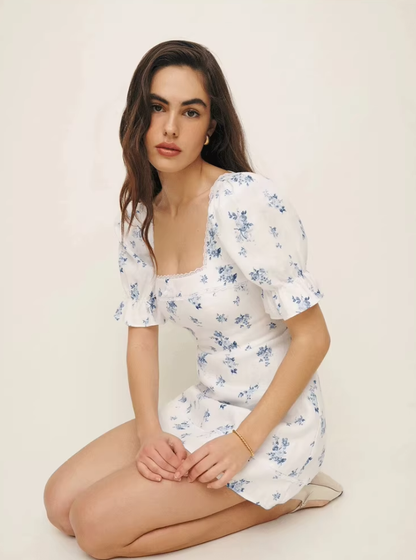 French floral square neck lace small lace retro bow dress R2917
