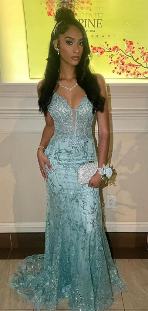Elegant Spaghetti Strap Sleeveless Mermaid Lace Long Evening Prom Dress  fg8565