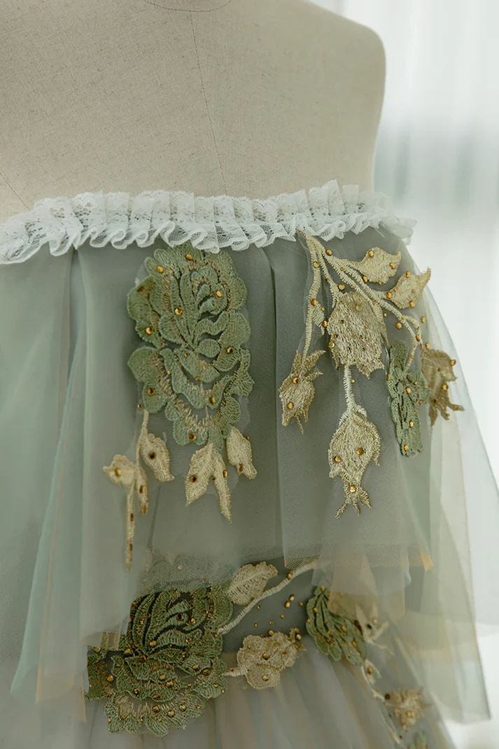 Light Green Strapless A-line Tulle Prom Dress,Unique Evening Dresses  fg8574
