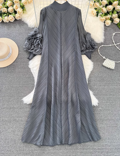 High-class lady temperament pleated lantern long sleeve loose A-line solid color elegant dress R0319