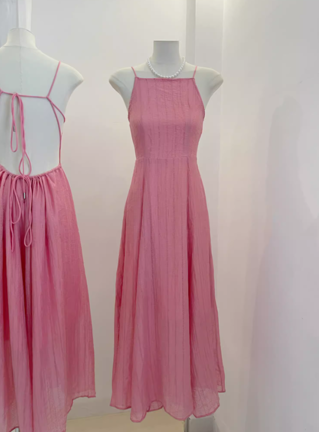 2025 new summer light peach pink sleeveless large swing backless holiday fairy back lace-up dress R0302