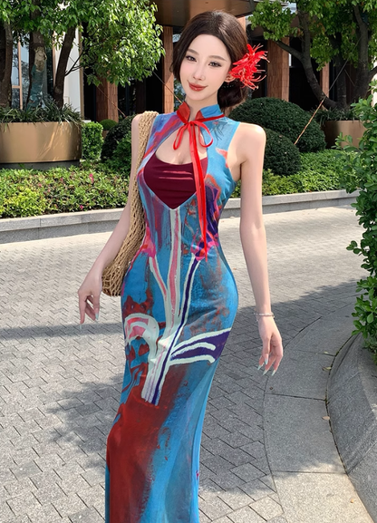 Retro contrast color hollow dress sexy temperament waist slim hip skirt R0658