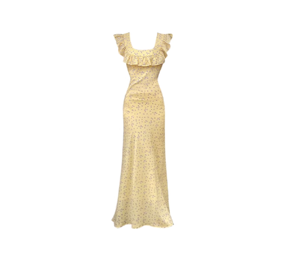 Tea break French floral mid-length ruffled skirt slim holiday lace suspender dress R0052