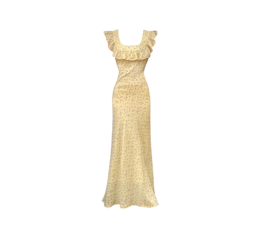 Tea break French floral mid-length ruffled skirt slim holiday lace suspender dress R0052