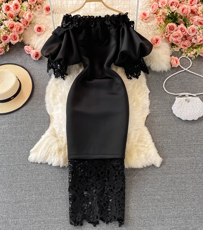 Retro French style waisted hip dress long skirt lace one-shoulder off-shoulder lantern sleeve dress R0383