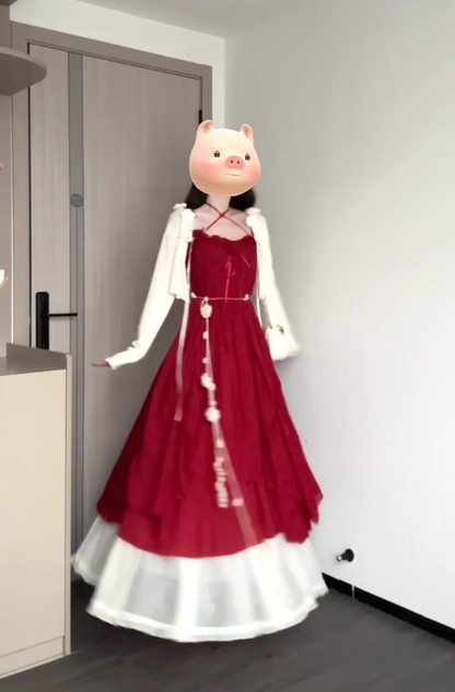 French retro red three-dimensional flower sling dress seaside holiday waist temperament long skirt R0428