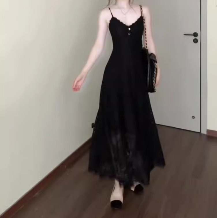 Retro v-neck hollow suspender dress niche waist temperament long skirt R0679