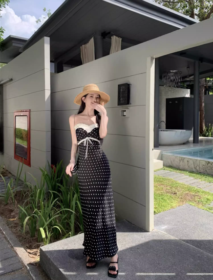Temperament lace polka dot one-shoulder tube top dress with slim waist and hip-hugging long skirt R0581