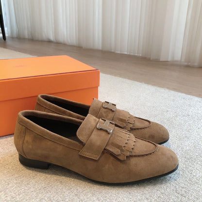 Royal Loafer Brown Suede Calfskin With Fringe Detail And Brown Silver Signature Buckle 509433
