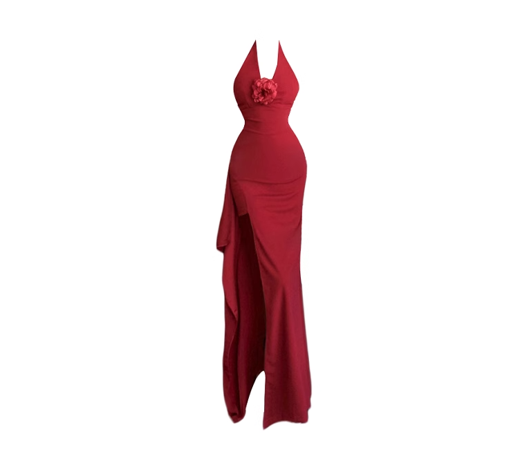 Retro red halter neck dress 2025 new hot girl sexy slit high waist hip long skirt R0036