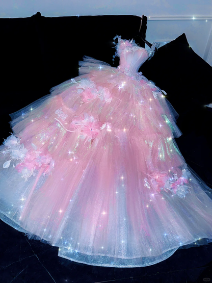 Sparkling Elegant Pink A-Line Tiered Prom Dress Evening Dress Ball Gown D1696