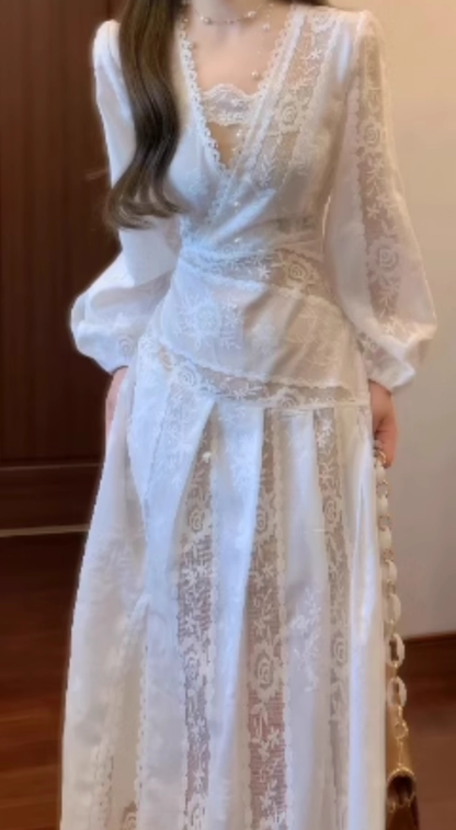 Lace patchwork long-sleeved dress gentle temperament waist A-line long skirt R0690