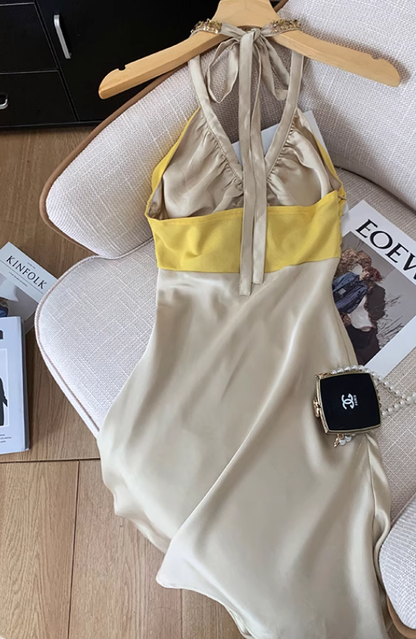 French hollow halter neck dress for women high-end temperament waist short dress R3990
