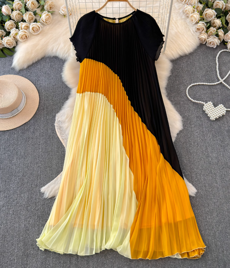 New 2025 large size short-sleeved mid-length dress loose and slim contrast color fresh temperament dress R0391