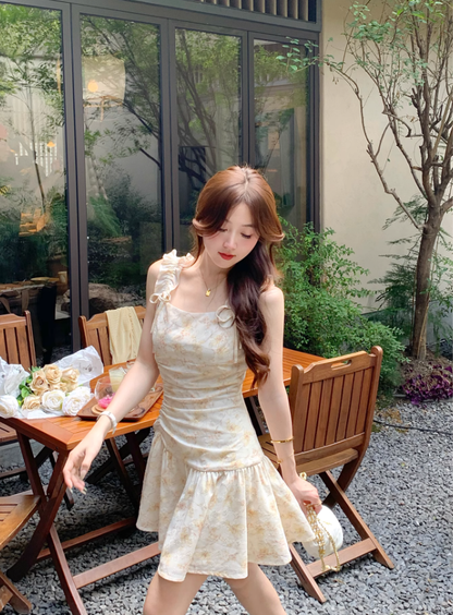 French romantic yellow floral dress for women summer beautiful suspender skirt R3825