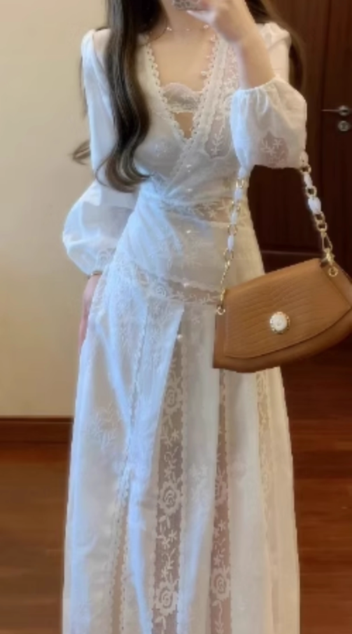 Lace patchwork long-sleeved dress gentle temperament waist A-line long skirt R0690