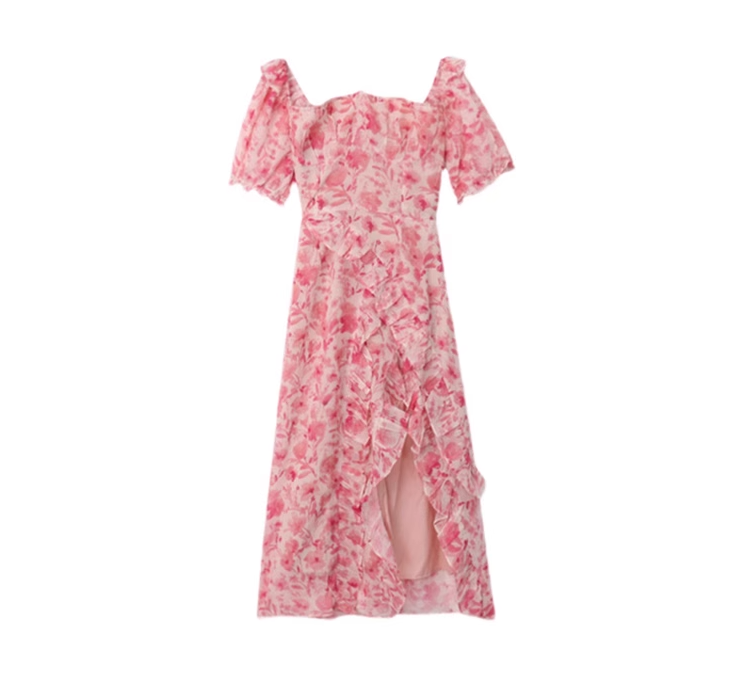 Tea break French seaside vacation chiffon floral dress 2025 new waist slit irregular long skirt R0104