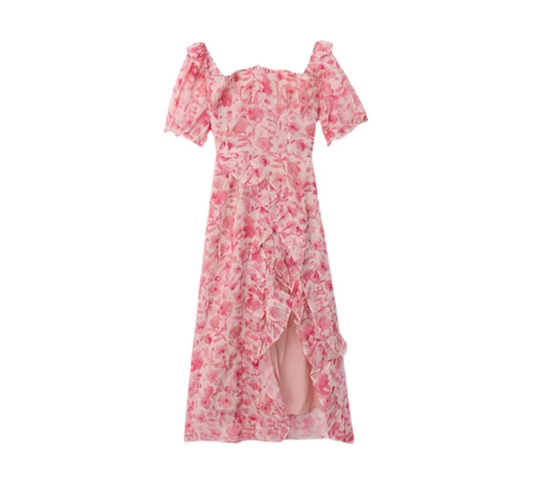Tea break French seaside vacation chiffon floral dress 2025 new waist slit irregular long skirt R0104