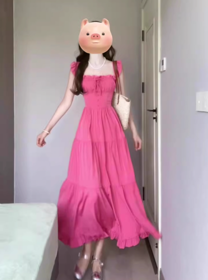 French square neck rose red tie waist dress beautiful gentle style backless long skirt R0462