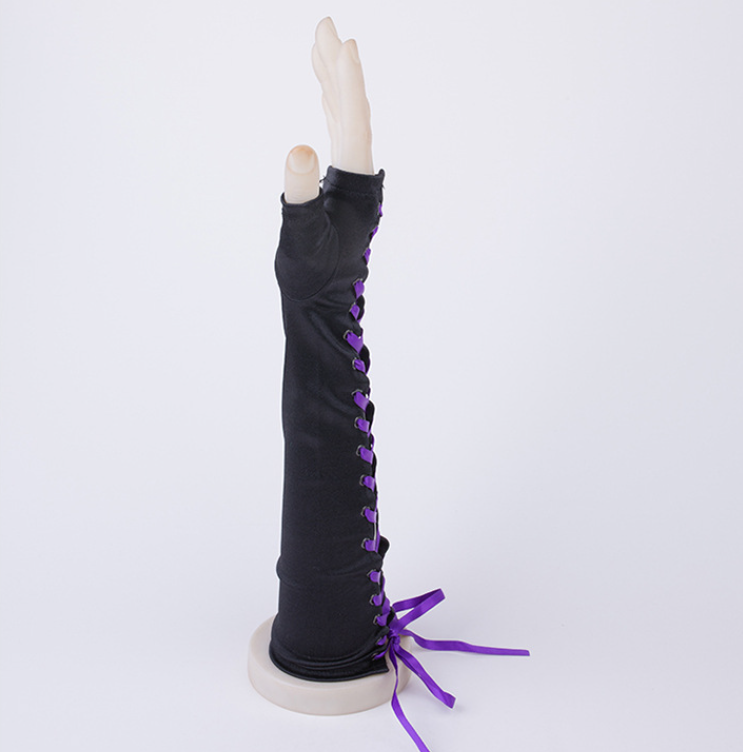 Lace-up fingerless gloves long black satin gloves elbow length suitable for wedding engagement Halloween party     S6219