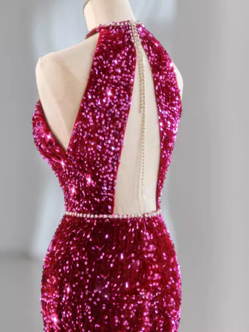 Elegant Fuchsia Halter Sequins Mermaid Long Evening Party Dress MD7494