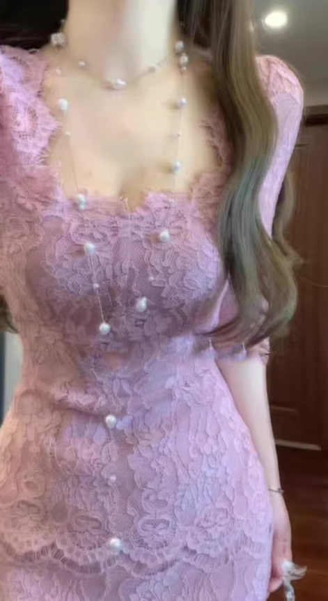 French style high-end purple lace dress sexy hot girl beautiful unique waist slim hip short skirt R0483