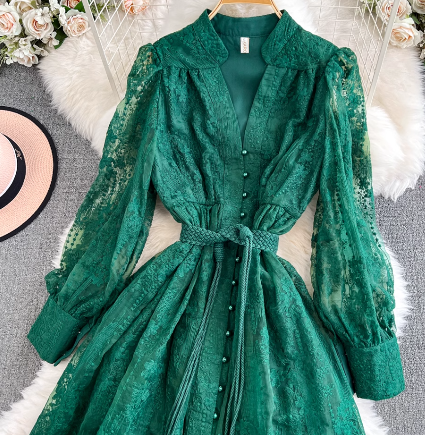 French retro palace style dress embroidery waist slim long lace dress female high-end exquisite dress R0328