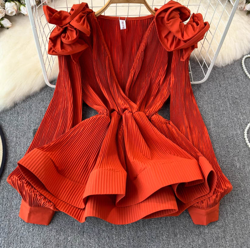 Ruffled waist shirt 2025 niche design three-dimensional petal waist cover meat slim top trend R0390