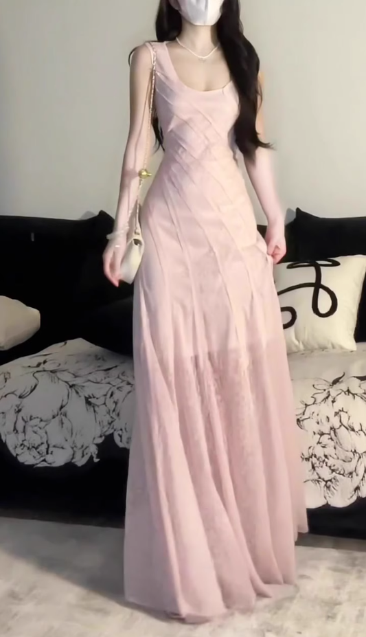 Design pure desire pink vest dress 2025 new seaside vacation gentle temperament slim long skirt R0476
