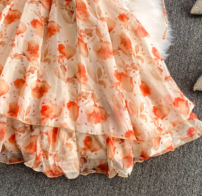 Pure and sweet chiffon lace with built-in chest pad orange sleeveless pullover A-line suspender dress R0364